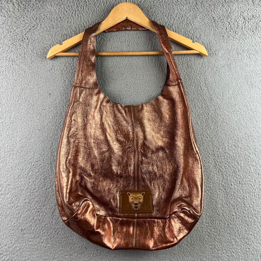 Sharif 1827 Metallic Bronze Leather Hobo Bag Leopard Head Plaque Large Slouchy